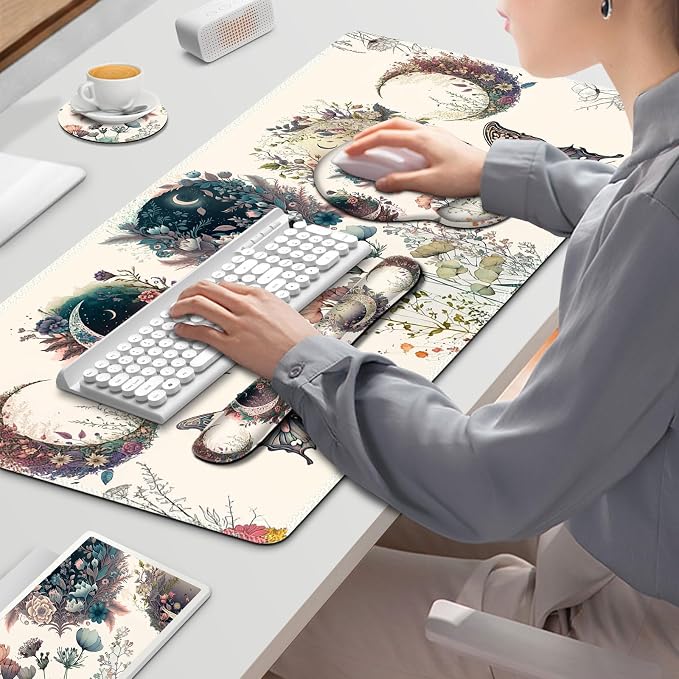 Large Desk Mat, Cute Boho Plants Mouse Pad, Apricot Desk Pad, XXL Mousepad - Image 7