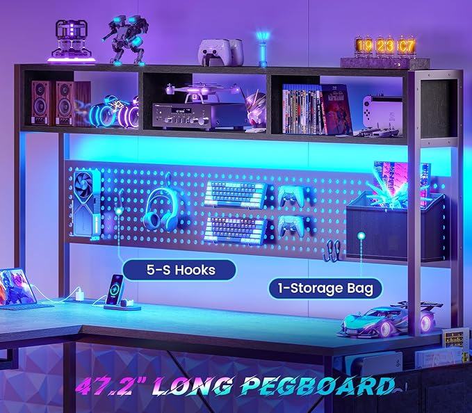 SEDETA L Shaped Office Desk with Hutch, Reversible 94.5" Computer Desk | L Shaped Gaming Desk with LED Light, Keyboard Tray, Storage Shelves and Headphone Hook for Home Office, Grey - Image 4