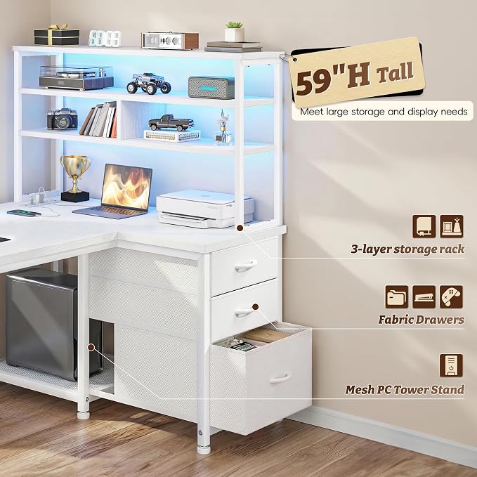 DurayLoly L Shaped White Desk with 3 Drawers,Shelf and PC Stand for Storage - Image 3