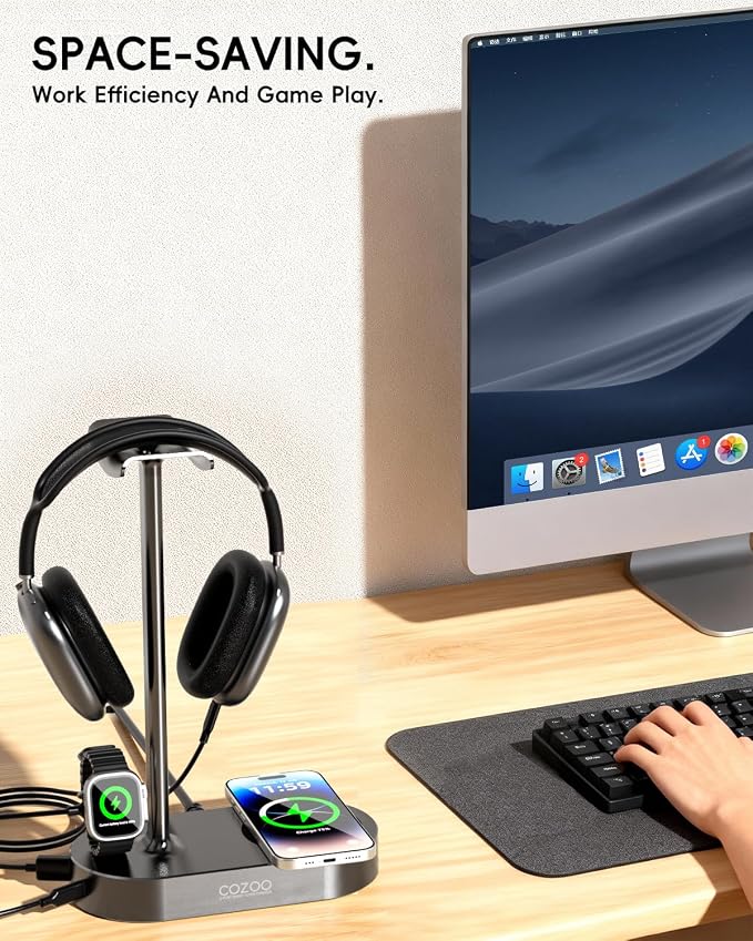 cozoo 15W Wireless Charging Headphone Stand with USB & Type-C Ports, Desktop Gaming Headset Holder, Cool Gaming Accessories & Tech Gifts for Men Teen Boys,Gamer Gifts, for Boyfriend and Teens - Image 5