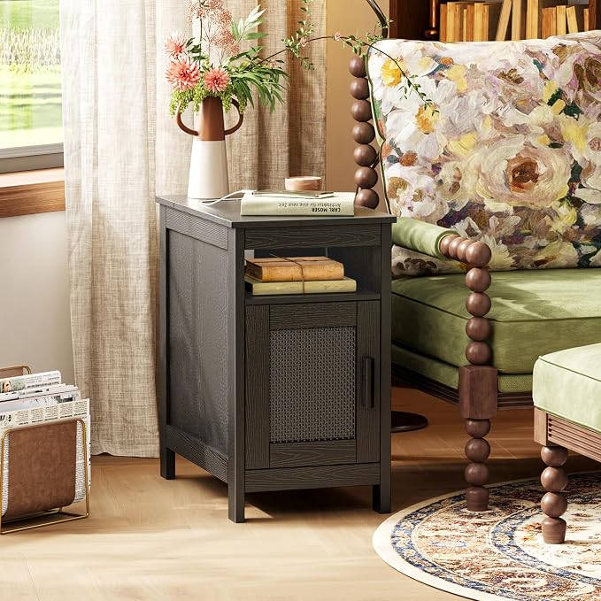 Huuger Narrow Night Stand Set of 2, End Table with Charging Station, USB-C Port, Rattan Side Table with Cabinet and Open Shelf, Synthetic Rattan, for Small Spaces, Bedroom, Black - Image 7