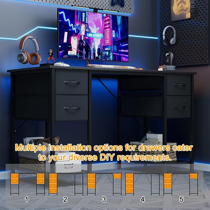 Grandder Computer Desk with 4 Drawers, 47 Inch Office Desk with Storage, Gaming Desk with CPU Shelves, Writing Desk Work Desk for Home Office, Study, Bedroom, Work from Home, Black - Image 4