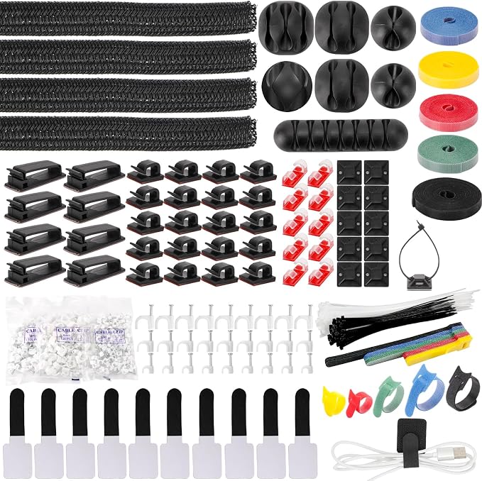 604 Pcs Cable Management Kit, 4 Cord Organizer Sleeve, 7 Cable Holder, 38 Adhesive Cord Clips, 40 Pcs+5 Roll Cable Organizer Straps 200 Cable Ties 300 Cable Wire Clips for PC TV Under Desk by LoveBB