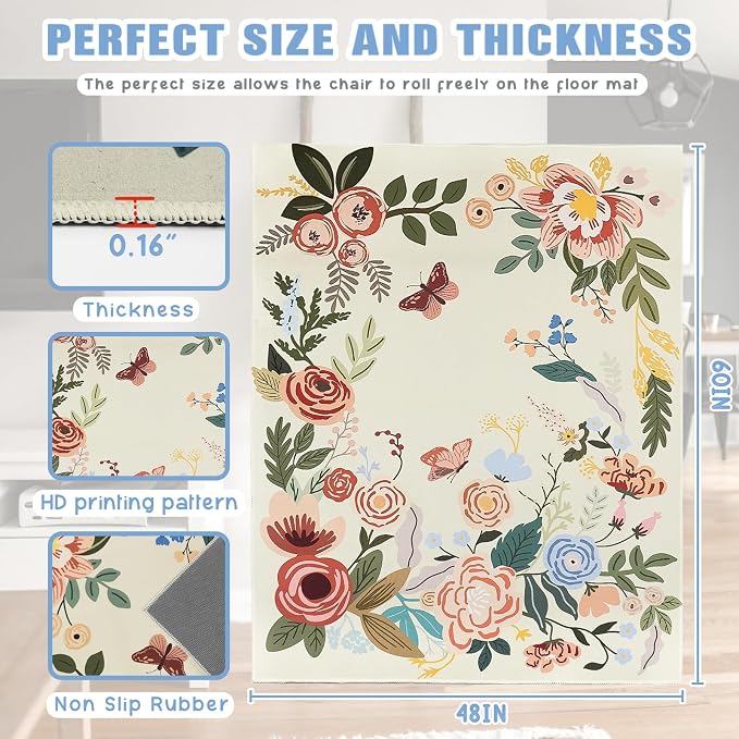 Office Chair Mat for Hardwood Floor 48"X 60" Office Rugs for Gaming Rolling Chairs Computer Desk Chair Non-Slip Butterfly Floral Protector Mats for Hard Floor & Tile Floor Decor - Image 3