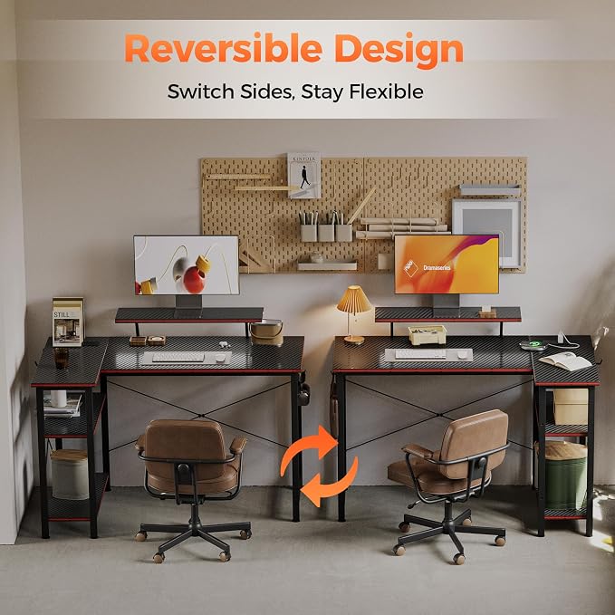 Mericonia 55 in L Shaped Gaming Desk, Large Corner Desk with Monitor Stand | Reversible Computer Desk with Power Outlets, LED Light & Storage Shelves, Office Table for Home Bedroom Study Work Writing - Image 9