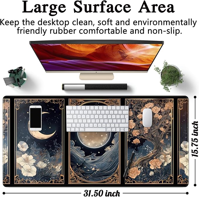 Celestial Lunar Nature Tarot Card Desk Mat Moon Floral Large Mouse Pad XXL 31.5''X 15.7'' Witch Night Botanical Desk Pad Gaming Mousepad Keyboard Mouse Mat for Laptop Computer Office Decor Gift - Image 5