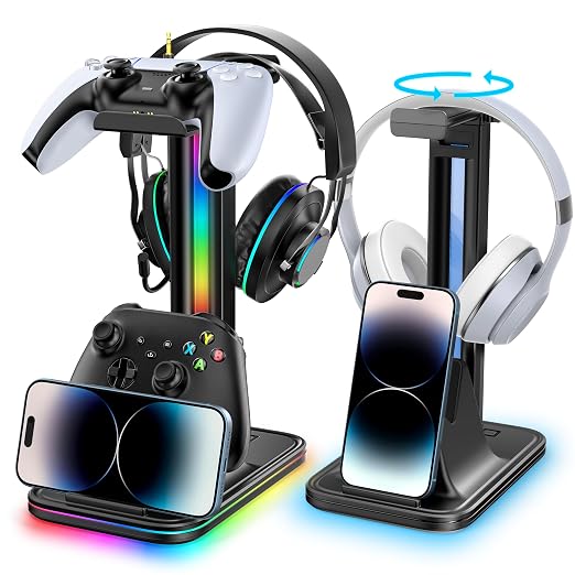 Kytok 4-in-1 Headset and Controller Stand for Desk, 360° Rotating Headphone Stand with Phone Holder, 10 RGB Modes for Accesorios de Mesa Gamer, P5/SW/Xbx Levitating Gaming Headset and Controller Stand by Kytok