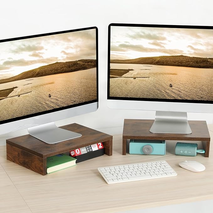 TEAMIX 2-Pack Wood Monitor Riser, Desk Stand for 2 Monitors, Rustic Brown | Holds 80Lbs, Stacked/Separate Use, 2 Tier Adjustable, Use as Laptop/TV Riser, Computer Stand for Home Office Desk, Gaming - Image 7