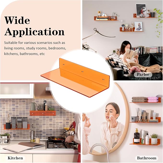 Sezanrpt 15 Inches Orange Acrylic Wall Shelves 2 Pack, L Shape Floating Shelf, Perspex Wall Mounted Shelves for Home Décor, Model Car, Candle, Calendar, Towel, Tissue - Image 6