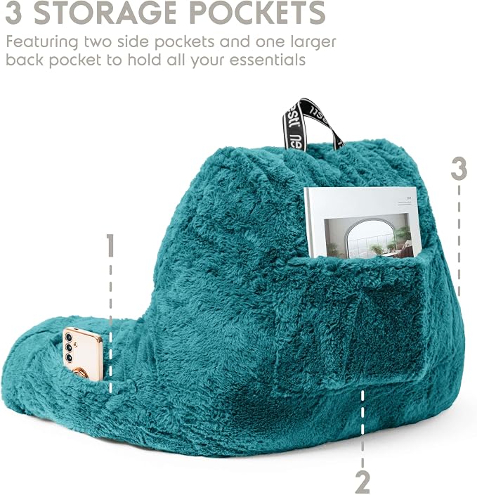 Nestl Fur Reading Pillow, Stylish Back Pillow for Bed Sitting Up, Faux Fur Bed Chair Pillow with Arms, Reading Pillows for Sitting in Bed Adult & Kids, Sit Up Back Support Pillow for Bed Rest - Teal - Image 5