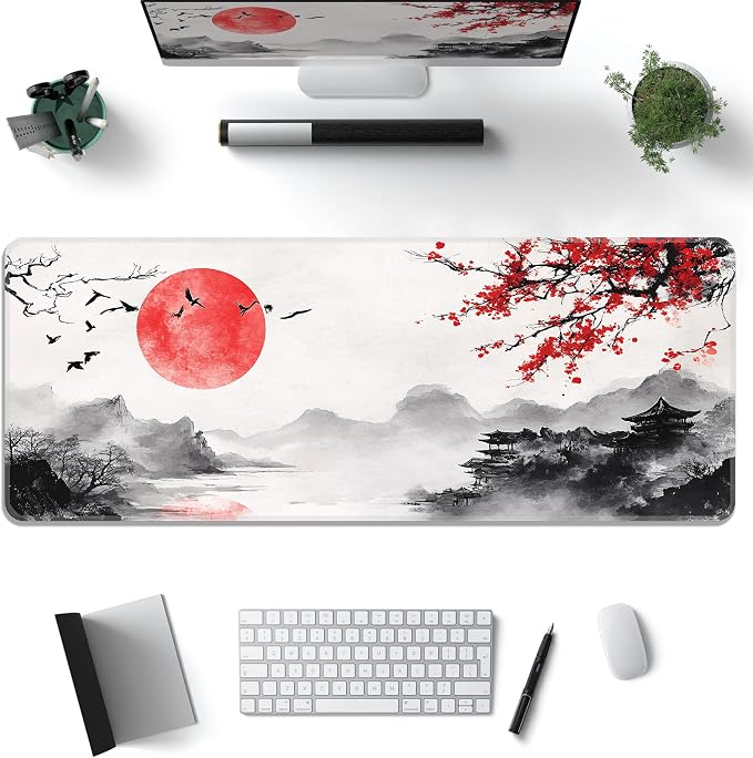 Japanese Watercolor Cherry Blossoms Desk Mat, XL 31.5"x11.8" Large Mouse Pad, Sakura Extended Gaming Mouse Mat,Non-Slip Rubber Base Waterproof with Stitched Edges for Gaming Office Home Decor - Image 2