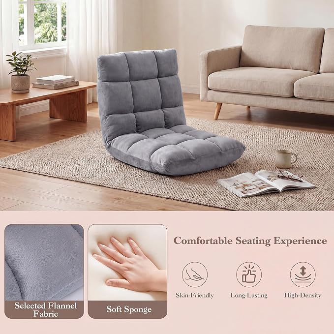 GIANTEX Floor Chair with 14-Position Adjustable, Couch Recliner (Grey) | Soft Flannel Fabric Cover, Heavy Duty Metal Support, Folding Gaming Floor Chair for Adults, Reading - Image 8