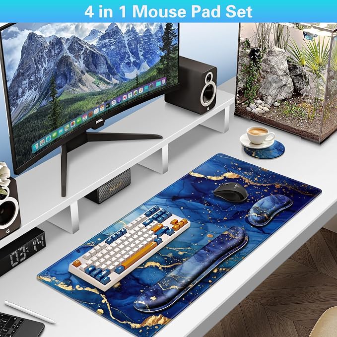 Canjoy Desk Mat with Wrist Rest, Desk Pad for Keyboard and Mouse 4-in-1 Mouse Pad + Keyboard Wrist Rest Support+ Coaster(35.4×15.7 in) Extended Desk Pad Memory Foam Non-Slip Desk Mat for Home Office - Image 2