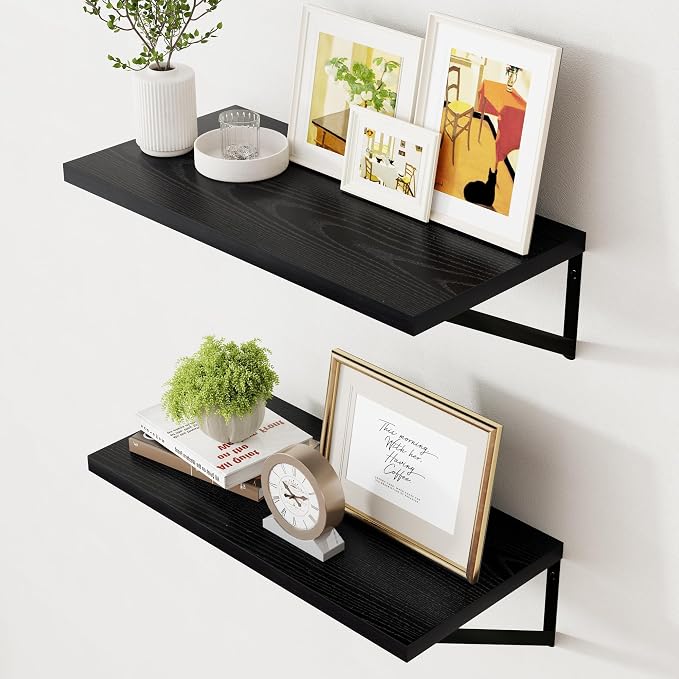 Axeman Deep Floating Shelves Black- 24 Inch Wide x 12 Inch Deep Wall Shelves Set of 2 - Black Wood Wall Shelves for Living Room Bedroom Laundry Room by Axeman