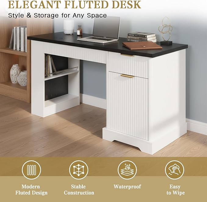 55" Fluted Gaming Desk Pegboard Cabinet Drawers Outlet, White | Home Office | Bedroom Living Room Teen Desk | Nail Tech Manicure | Vanity Hutch | Bookcase Corner - Image 6