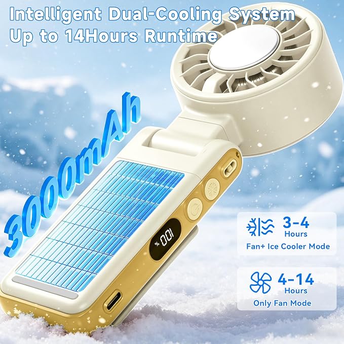 Handheld Portable Turbo Fan with Ice Cooling,5 Speed Rechargeable LED Display Foldable Hand Held Personal Clip/Neck/Waist Fan,180°& 360° Adjustable,Pocket Mini Fan for Outdoor/Home/Office (Khaki) - Image 3