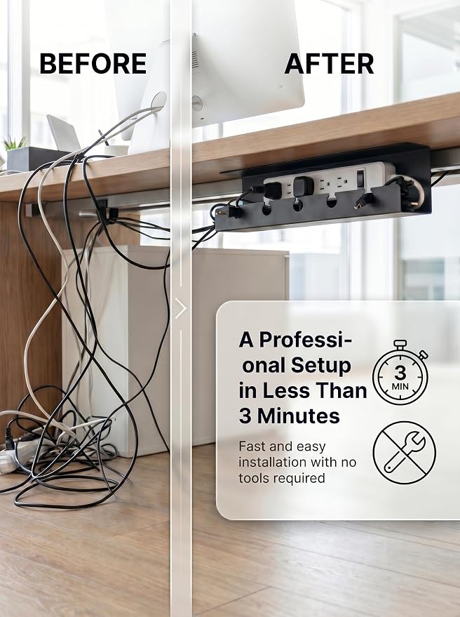 Under Desk Cable Management Tray No Drill, Cord Organizer for Desk, Wire Organizer, Cable Tray for Home Office Standing Desk, Wire Managment, Cord Hider, Set of 2 pcs (1 Black & 1 White) - Image 2