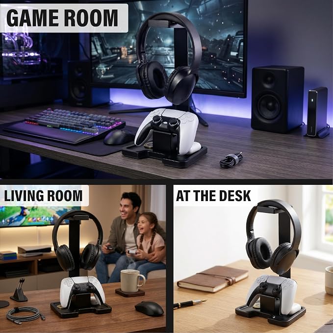 Gaming Accessories Headset Stand with Game Controller Holder & Storage Base, Stylish Gamer Gifts for Men Teenage Boy Headphone Stand, Unique Gifts for Gamers to Organize Gaming Equipment (Black Wood) - Image 2