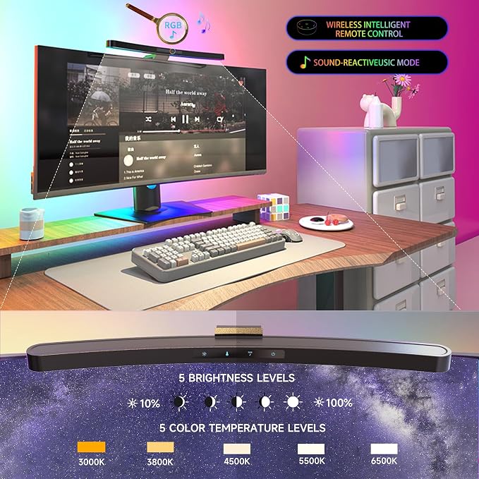ONWAY Curved Monitor Light Bar with RGB Backlight, Wireless Remote Touch Control, No Glare Lamp with Camera Base for Gaming/Office Computer Setup - Image 4