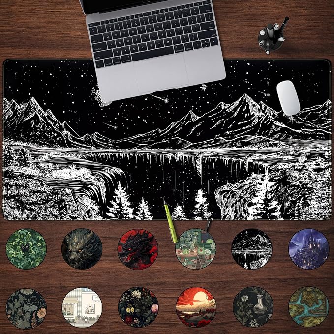 Black and White Desk Mat Dark Nature Forest Mouse pad XXL Starry Night Mountain Desk pad Aesthetic Moon and Stars Mousepad XXL for Laptop Computer Mouse Gaming Keyboard Mat, 31.5 X 15.8 in - Image 2