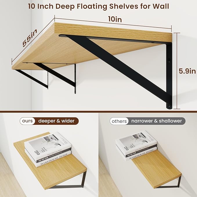 Axeman Deep Floating Shelves, 55'' x 10'' Oak Wall Shelves Set of 2 - Image 3
