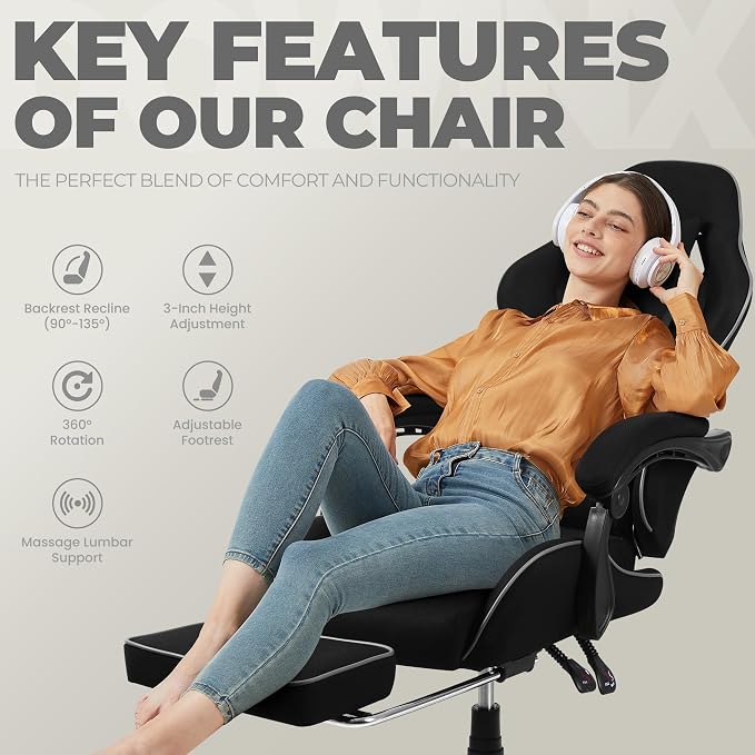 Dowinx Gaming Chair Fabric with Pocket Spring Cushion, Massage Game Chair Cloth with Headrest, Ergonomic Computer Chair with Footrest 290LBS, Black - Image 8
