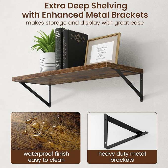 Axeman Deep Floating Shelves - 30 Inch Floating Shelves Set of 2-12 Inch Deep Brown Wood Wall Shelves for Living Room Bathroom Kitchen - Image 5