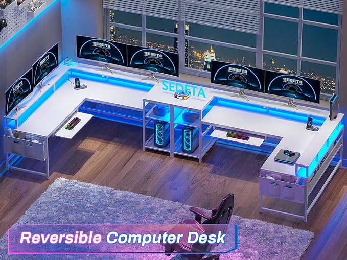 SEDETA L Shaped Gaming Desk, Reversible Computer Desk, Gaming Desk with Power Outlets & LED Strip, Monitor Shelf, Keyboard Tray, Pegboard and Storage Shelves for Home Office, White - Image 3