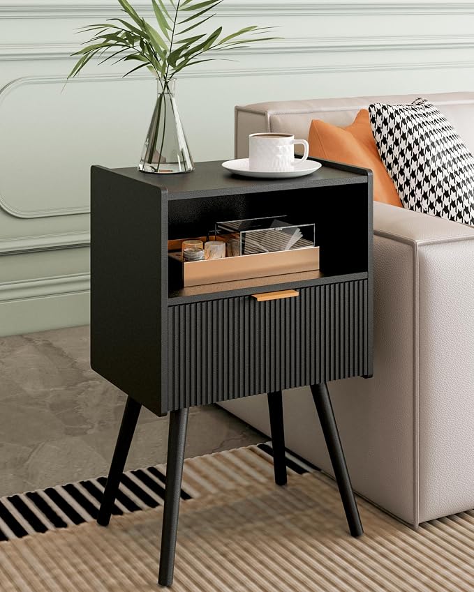 Veegle Nightstand,Modern Bedside Table with Storage Drawer and Open Wood Shelf, Accent Night Stand with Solid Wood Legs for Living Room, Bedroom and Small Spaces,Easy Assembly (Black) by Unknown