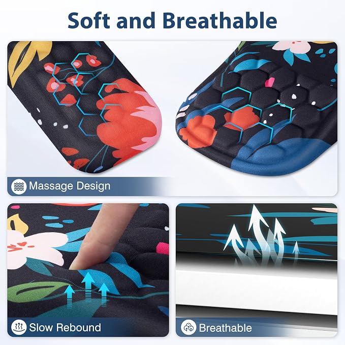 EYROZILL 3 in 1 Ergonomic Mouse Pad and Keyboard Wrist Rest, Cute Mouse Pad with Wrist Support Massage Design, Non-Slip Wrist Pad for Mouse, Desk Mouse Set(Flower) - Image 5