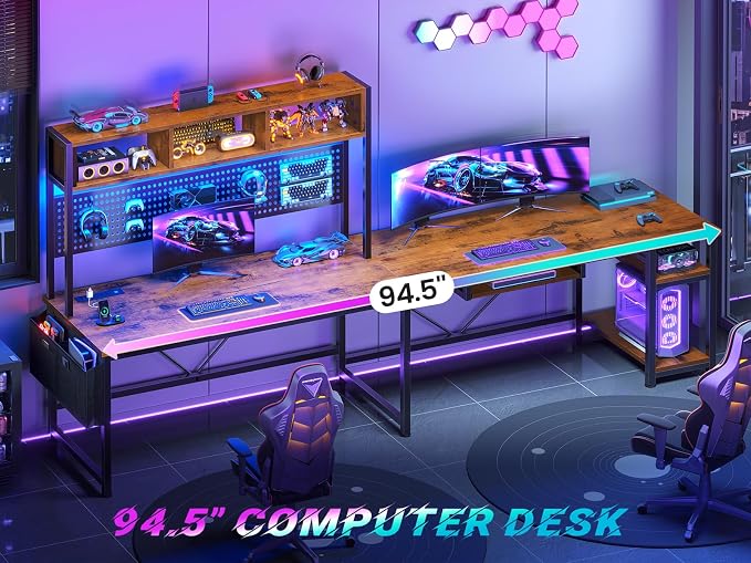 SEDETA L Shaped Computer Desk, Reversible Corner Desk with Power Outlet | Gaming Desk with Pegboard, Led Lights, Keyboard Tray, Headphone Hook and Storage Shelves, Rustic Brown - Image 3
