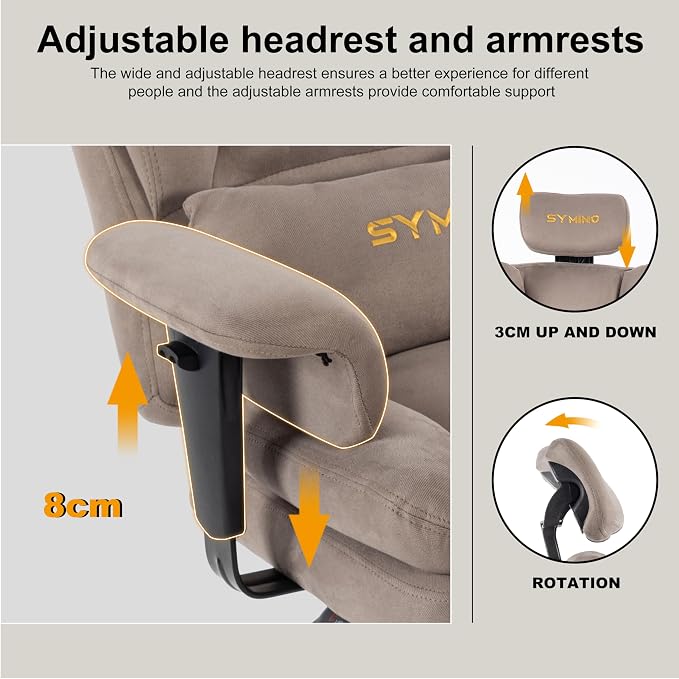 Symino Gaming Chair with Foot Rest, Unique Up/Down Armrests, Twill Fabric Ergonomic High Back Chair, 150° Recline Solid Color Computer Desk Chair, Light Coffee - Image 7