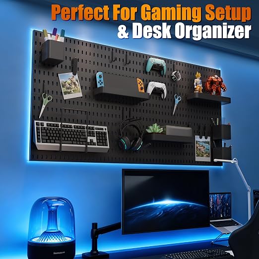 Wall Organizer Set 4 Pack 11"x11" No-Drill Peg Board Pannels with 16 Hooks & Bins Modular Pegboard Wall Organization for Gaming Room Home Office Craft Room and Kitchen, Black - Image 3