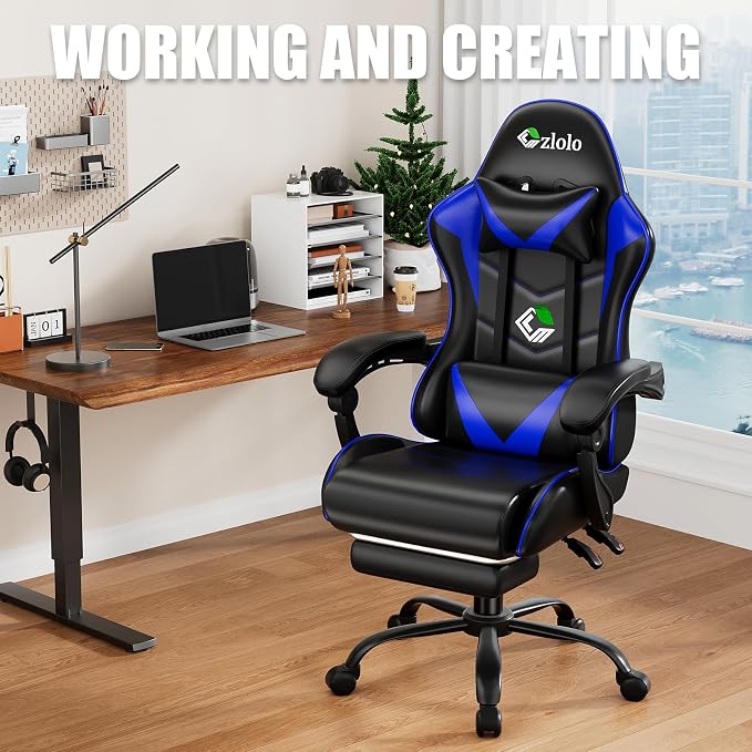 Czlolo Gaming Chair with Footrest Racing Style Lumbar Support Massager Video Game Chair with Metal Legs, High Back Reclining Gamer Chair with Headrest, 360° Swivel Office Computer Desk Chair (Blue) - Image 3