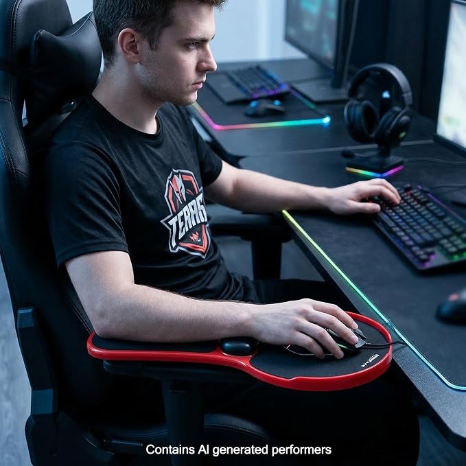 Ergonomic Adjustable Chair Arm Rest Mouse Pad with Wrist Cushion,Mouse Extension Platform Tray with Anti-Fall Baffle, Chair Attachment Arm Support with Straps (Red) - Image 2