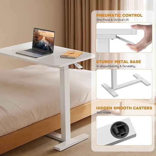 Overbed Bedside Table with Hidden Casters, Adjustable Pneumatic Mobile Laptop Computer Standing Desk, Rolling Laptop Table, Movable Overbed Table Hospital Home Use, White - Image 5