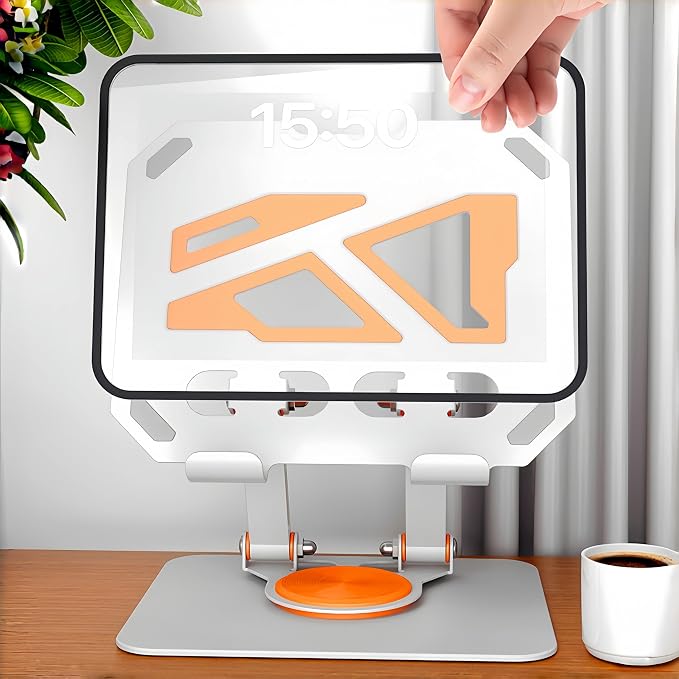 360° Rotatable & Adjustable Metal Tablet Stand for Desk, Foldable & Portable Tablet Holder, Compatible with iPad Pro/Air, iPhone & Switch, Universal Use for Office/Movie/Drawing/Gaming, White - Image 3