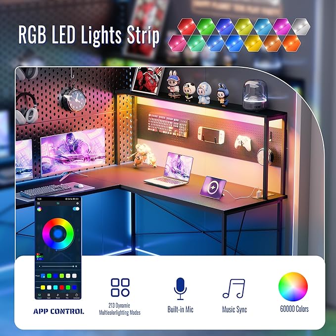 Pamray 60 Inch L Shaped Gaming Desk with Shelves and Storage | With Pegboard LED Lights Power Outlets, Reversible, Suitable for Home Office Bedroom Living Room Dorms Apartments - Image 5
