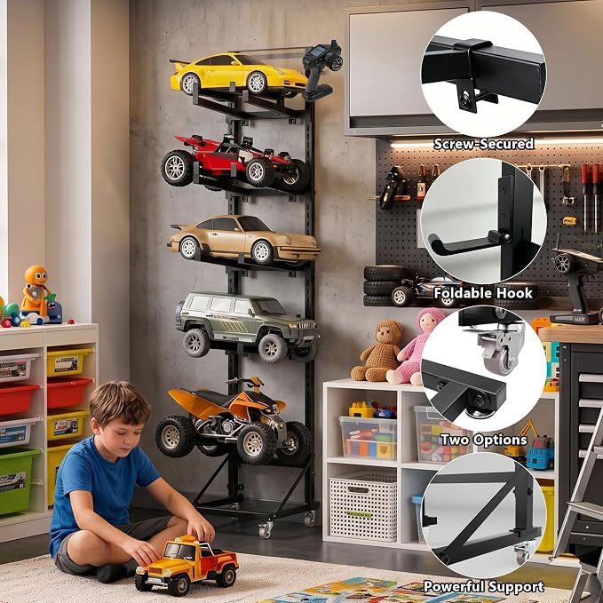 RC Car Stand Display Rack 5-Tier Storage Shelf for RC Scale Model Cars 1/6 1/8 1/10 1/12 1/18 1/24 1/32 Adjustable Width & Height Universal RC Trucks Buggies Display Shelf with Mute Wheels - Image 3