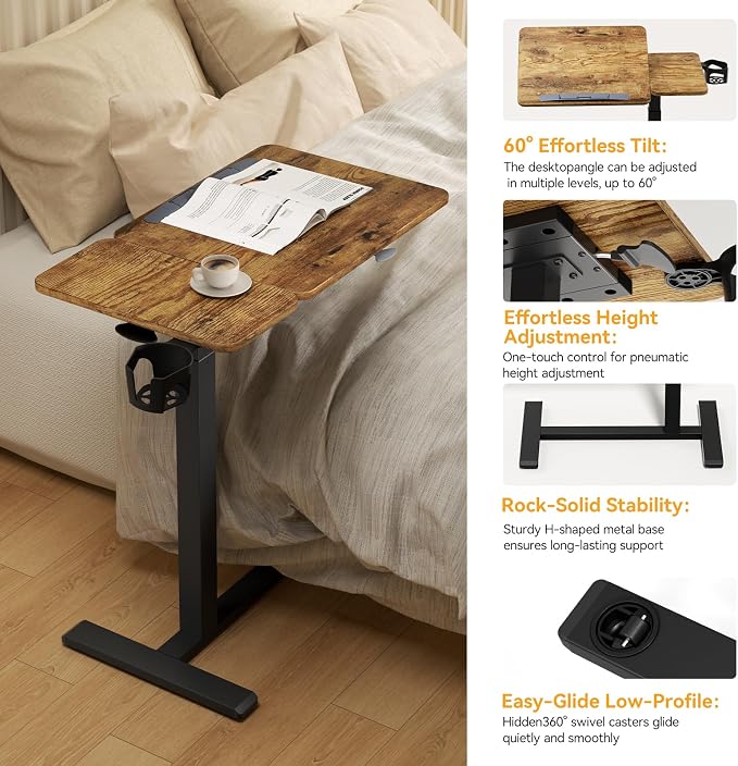 Overbed Bedside Table with Wheels, Pneumatic Adjustable Medical Tilt Top Hospital Bed Table Over The Bed, Rolling Laptop Desk, Mobile Standing Desk for Hospital and Home Use, Rustic Brown - Image 5