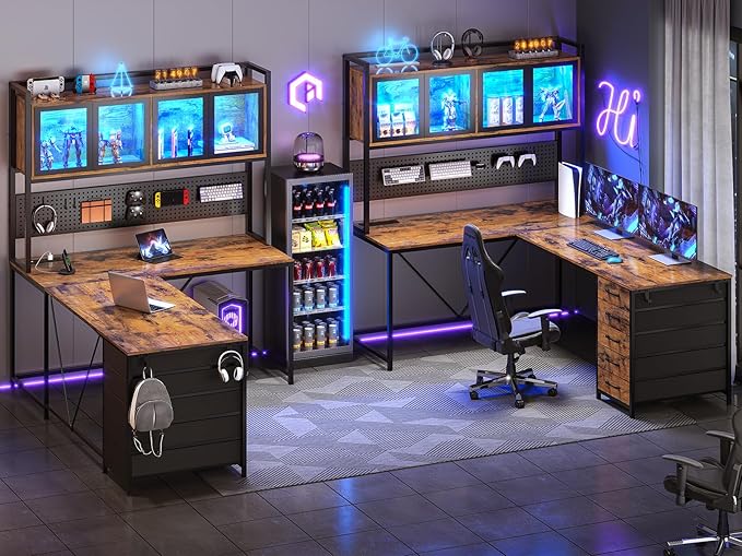 SEDETA L Shaped Gaming Corner Desk with Drawers, Hutch and Storage Shelves | Reversible L Shaped Computer Desk, Gaming Desk with Pegboard, Led Lights, and Power Outlet, Home Office Desk, Rustic Brown - Image 2