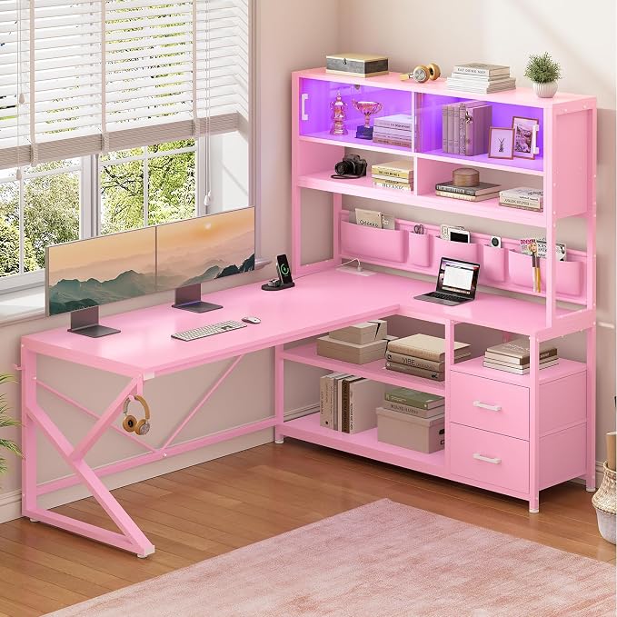 SEDETA L Shaped Gaming Desk with Storage Shelves, 2 Drawer, LED Light - Image 8