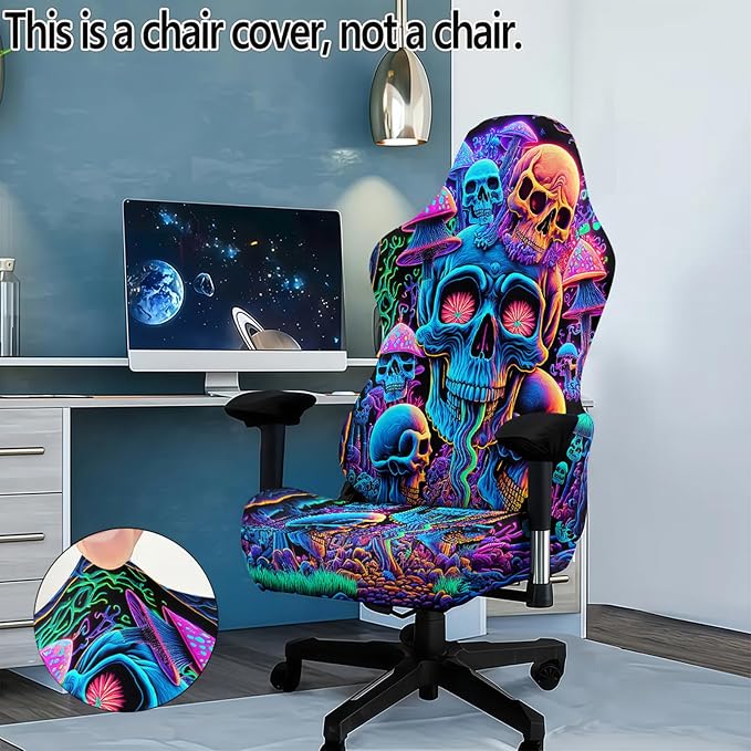 Blacklight Gaming Chair Cover – UV Reactive Esports Chair Protector with Neon Skull Mushroom Design, Stretchable Washable Slipcover for Office & Gaming Chairs - Image 2