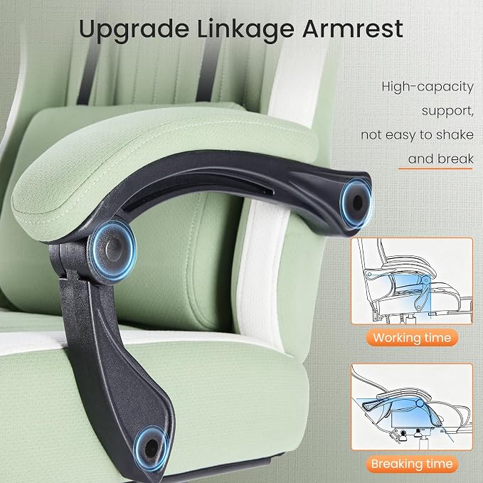 DUMOS Ergonomic Gaming Chair with Footrest, Video Game Chairs | Comfy Lumbar Support, Linkage Armrests, Tech Fabric, Pocket Spring Cushion, Office, Adults Students, Green - Image 7