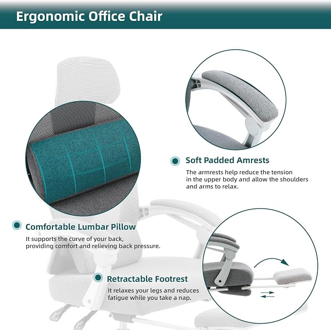 DUMOS Home Office Desk Chair, Gaming Chair with Footrest | High-Back Mesh, 360° Rolling Swivel Wheels, Comfortable Headrest, Lumbar Support, Student, Elegant Grey - Image 6