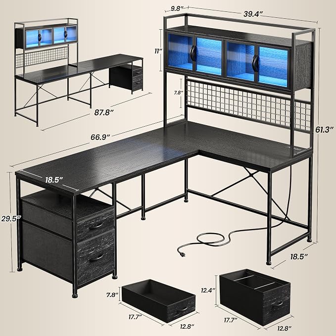 DurayLoly 67" L Shaped Gaming Corner Desk with LED Light, Hutch,Black | Reversible Computer Desk with 2 Drawers,Storage Shelves,Pegboard with 3 Hooks,Power Outlet for Home Office,Bedroom - Image 2