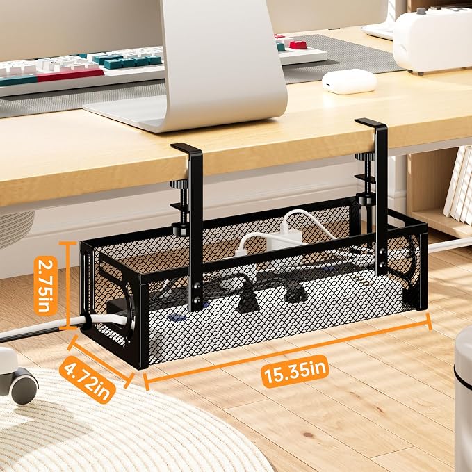 Under Desk Cable Management Tray, 15.7'' No Drill Steel Desk Cable Organizers, Wire Management Tray Cable Management Rack (2 Packs-Black) - Image 7