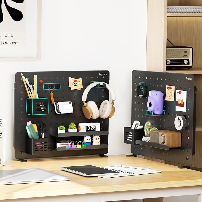 PEGZONE Pegboard Accessories Organizer Kit PEGBOARD ONLY, Including 2 Headphone Holder, 1 Pen Cup & 5 Hooks, Fits Pegboard for Desk Setup, Office, Gaming Room & Home Wall Storage, 8PCS Black - Image 6
