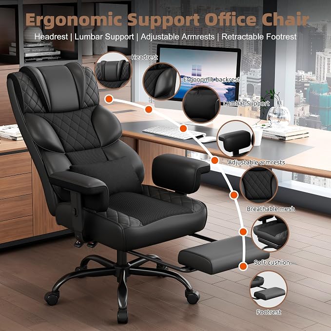 Vonesse Office Chair, Desk Chair with Soft Adjustable Armrests, Ergonomic High Back Gaming Chair with Lumbar Support, Executive Computer Chairs with Footrest (PU Leather, Black) - Image 3