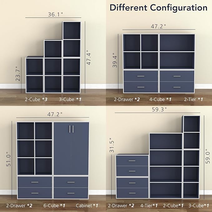 Homes: Inside + Out Apexa 2-Cube Storage Organizer Shelves, Stackable Wood Bookcase Fits Cubby Bins for Organization, Dorm Teen Room Decor & Home Office, Steel Blue - Image 11